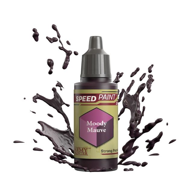 A bottle of 'Moody Mauve' Speedpaint 2.0 hobby paint from The Army Painter, designed for miniatures and models, with a dynamic splash graphic in the background.