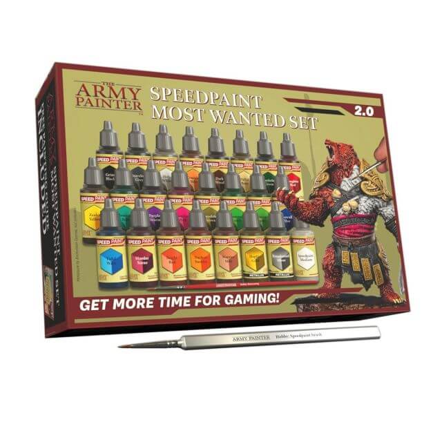 A product packaging for The Army Painter Speedpaint 2.0: Most Wanted Set, featuring multiple paint bottles and a basecoating brush.