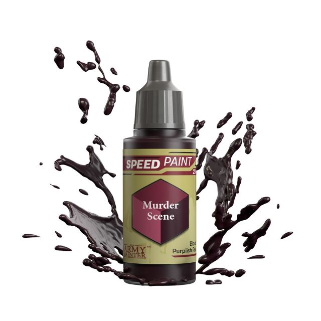 A bottle of 'Murder Scene' Speedpaint 2.0 miniature paint from The Army Painter, depicted with a splash graphic to emphasize motion and intensity.