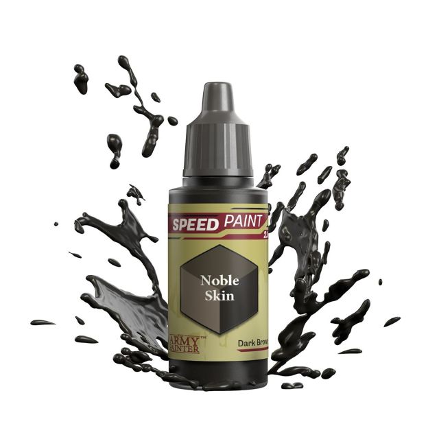 A bottle of The Army Painter Speedpaint 2.0 hobby paint in 'Noble Skin' color, depicted with a dynamic splash graphic behind it.