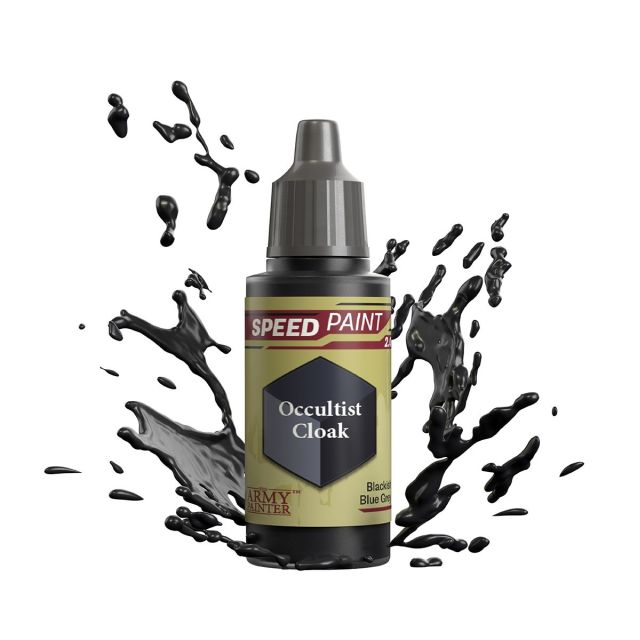 A bottle of The Army Painter Speedpaint 2.0 miniature paint in the color 'Occultist Cloak'.