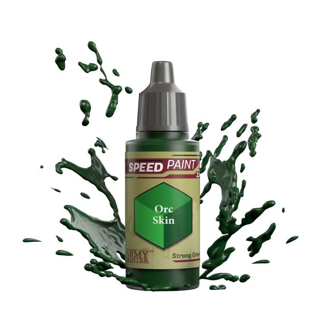 A bottle of 'Orc Skin' speed paint from The Army Painter, designed for miniature model painting, with a splash graphic indicating motion or action.