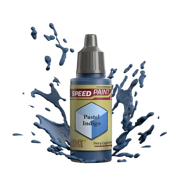 A bottle of 'Speedpaint 2.0: Pastel Indigo' paint for miniatures with a splash graphic in the background, indicating motion or action.