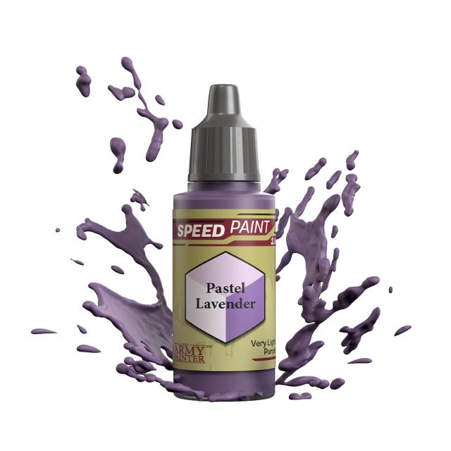 A bottle of 'Pastel Lavender' Speedpaint 2.0 miniature model paint with a splash graphic design on the label.