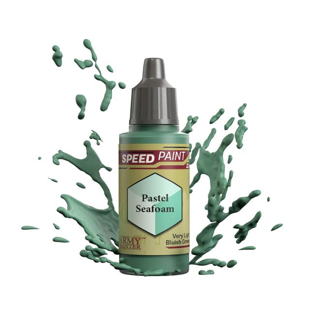 A bottle of 'Pastel Seafoam' Speedpaint 2.0 miniature model paint from The Army Painter, depicted with a splash of paint around it.