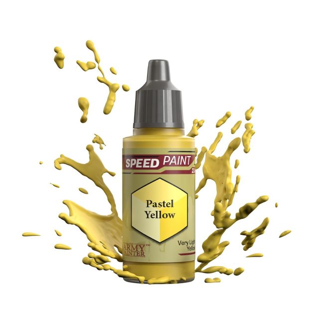 A bottle of 'Pastel Yellow' Speedpaint 2.0 miniature paint from The Army Painter, depicted with a splash of yellow paint around it.