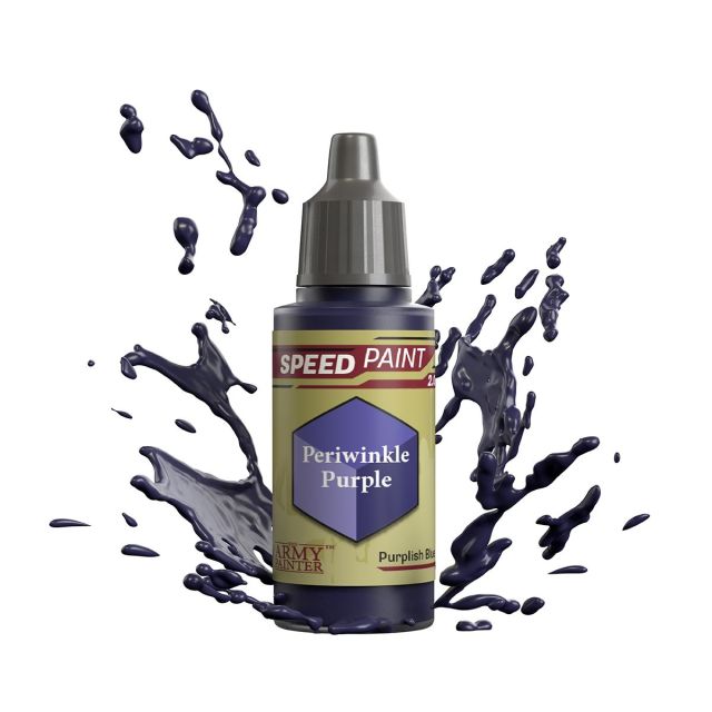 A bottle of 'Speedpaint 2.0' miniature paint in the color 'Periwinkle Purple', depicted with a splash graphic to emphasize the paint's liquid form.