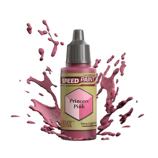 A bottle of 'Princess Pink' speed paint from The Army Painter with a splash of pink paint radiating from the bottle, indicating the color and intensity of the paint.