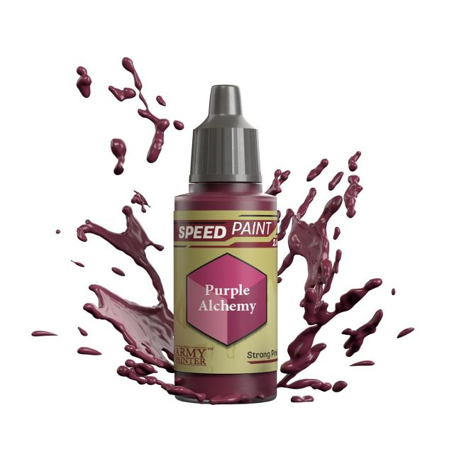 A bottle of 'Speedpaint 2.0' miniature paint in 'Purple Alchemy' color, with a splash graphic design indicating motion or action.