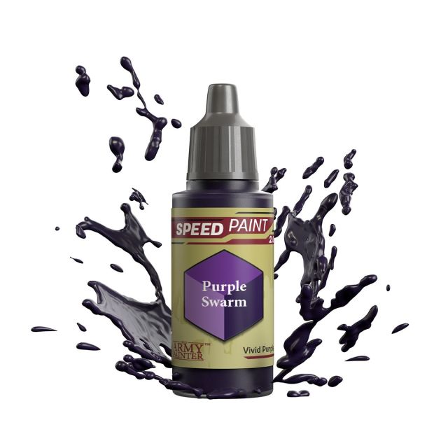A bottle of 'Speedpaint 2.0' miniature paint in 'Purple Swarm' color, with a dynamic splash graphic on the label.