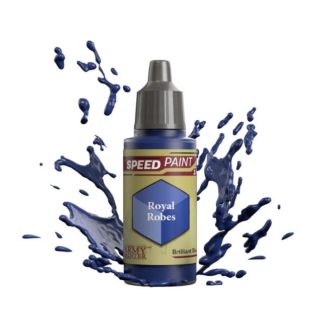 A bottle of 'Royal Robes' speed paint from The Army Painter, depicted with a splash of blue paint around it.