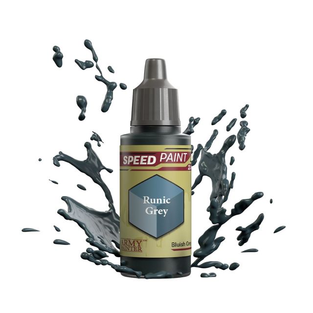 A bottle of 'Runic Grey' Speedpaint 2.0 miniature paint from The Army Painter, depicted with a dynamic splash graphic behind it.