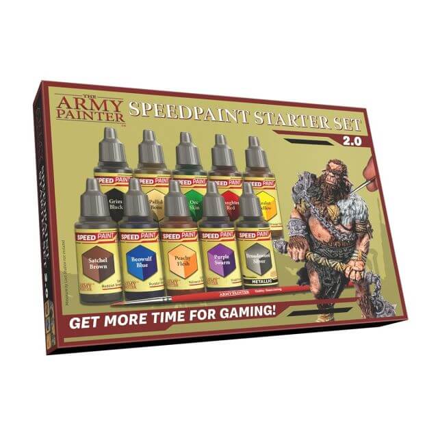A product packaging for The Army Painter Speedpaint Starter Set 2.0, featuring multiple paint bottles and a graphic of a fantasy character on the box.