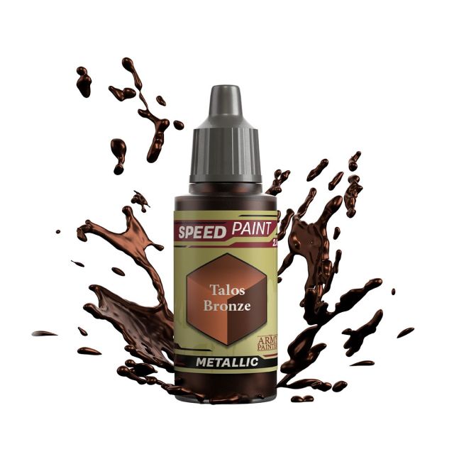 A bottle of 'Speedpaint 2.0: Talos Bronze' paint from The Army Painter, depicted with a splash of bronze-colored paint around it.