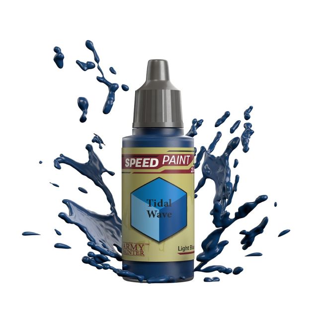 A bottle of 'Speedpaint 2.0: Tidal Wave' paint from The Army Painter, depicted with a splash of blue paint around it.