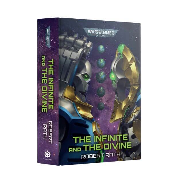 Warhammer 40k The Infinite and the Divine tabletop gaming box by Robert Rath, featuring a purple space-themed cover with robotic figures and green glowing spheres.