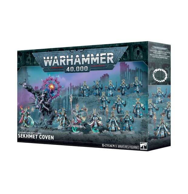 Warhammer 40,000 game box featuring Sekhmet Coven on a white background