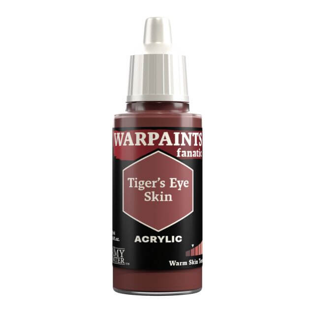 A bottle of Warpaints Fanatic Tiger's Eye acrylic paint in a deep reddish brown color, with a label indicating it is for model painting.