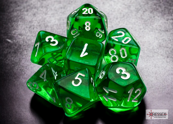 A close of the Chessex translucent green with white mini dice set.