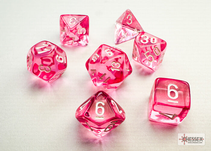 A close of the Chessex translucent pink with white mini dice set.