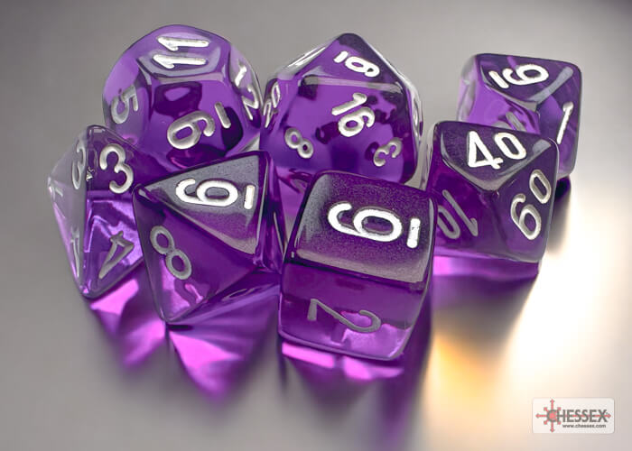 A close of the Chessex translucent purple with white mini dice set.