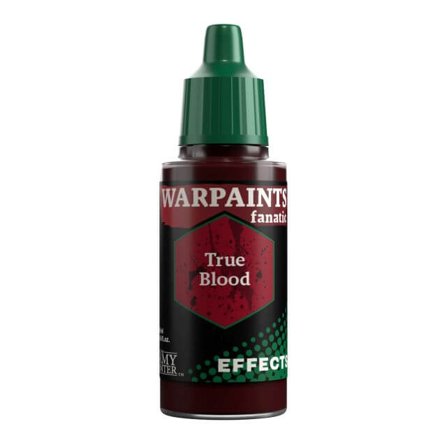 A bottle of Warpaints Fanatic Effects True Blood, which is a red paint designed to represent fresh blood for miniature and model painting.