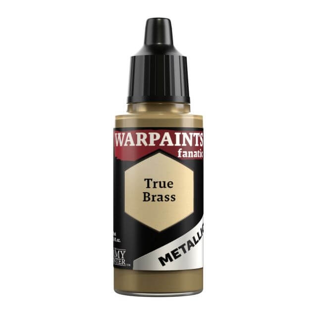 A bottle of Warpaints Fanatic Metallic Miniatures paint in the color True Brass. 