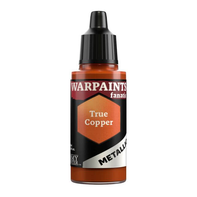 A bottle of Warpaints Fanatic Metallic Miniatures paint in the color True Copper.