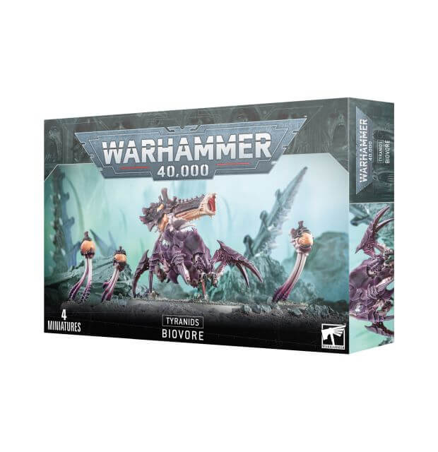 Product packaging for Warhammer 40,000 Tyranids Biovore / Pyrovore miniatures, featuring images of the miniatures and the box art with the Warhammer 40,000 logo.