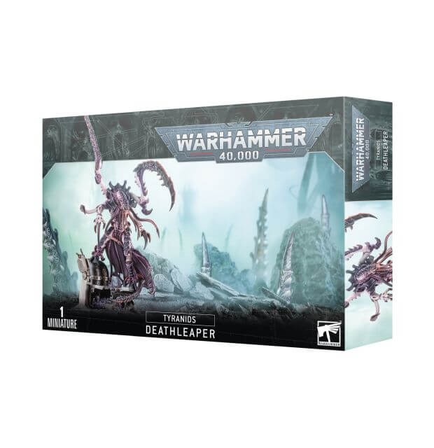 Product packaging for Warhammer 40,000 Tyranids Deathleaper miniature, featuring the creature on a ruined facility backdrop.