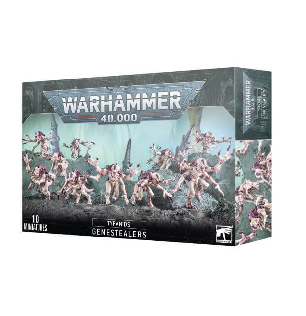 Boxed Warhammer 40,000 Tyranids Genestealers miniatures kit, featuring illustrations of the Genestealers in action on the packaging.