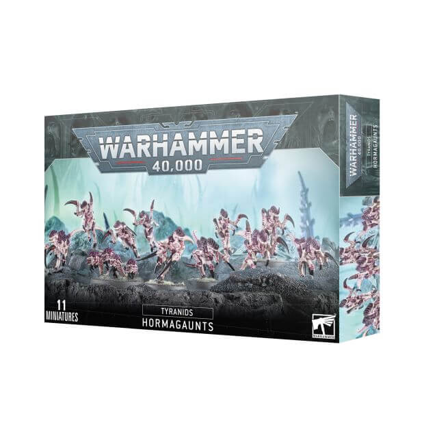 Box packaging for Warhammer 40,000 Tyranids Hormagaunt Brood miniatures, featuring the miniatures in various poses and poses with a backdrop of a battle scene.