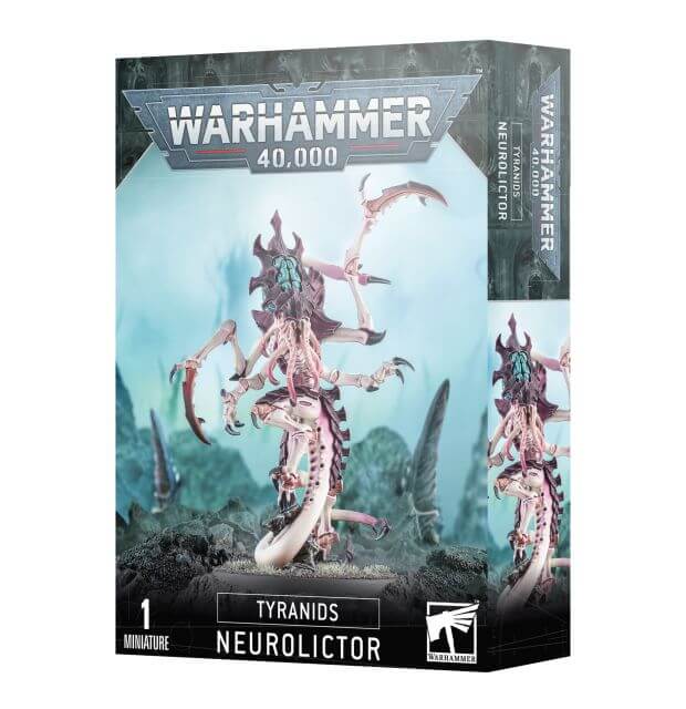Packaging for Warhammer 40,000 Tyranids Neurolictor miniature, featuring the assembled and painted model on the front.