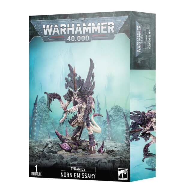 Product packaging for Warhammer 40,000 Tyranids Norn Emissary miniature, featuring the assembled and painted model on the box art.