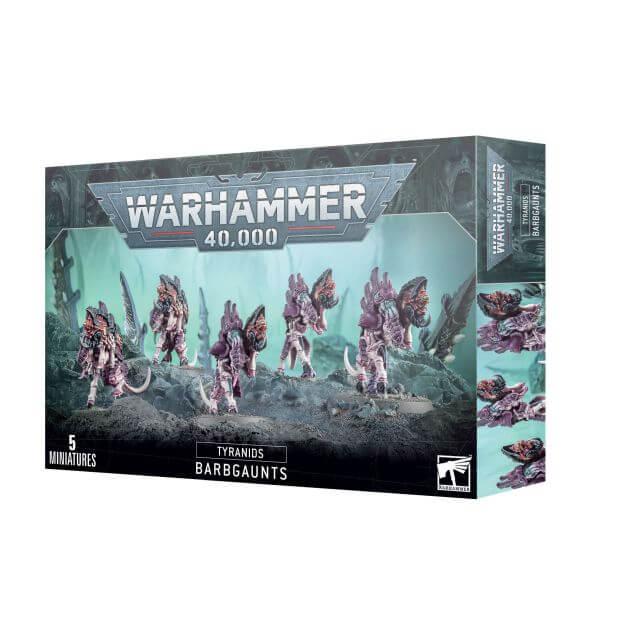Boxed Warhammer 40,000 Tyranids Barbgaunts miniatures, showing five unpainted, plastic gaunt creatures with organic weaponry on the front.