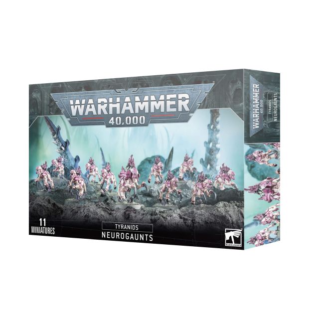 Boxed Warhammer 40,000 Tyranids Neurogaunts miniatures set, featuring images of the miniatures on the front and the product information.