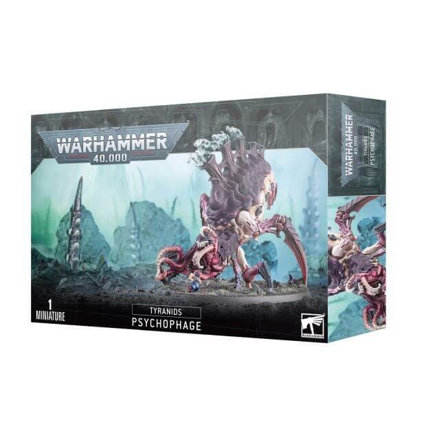 Packaging for Warhammer 40,000 Tyranids Psychophage miniature, featuring the creature in a battle setting with a mountainous backdrop.