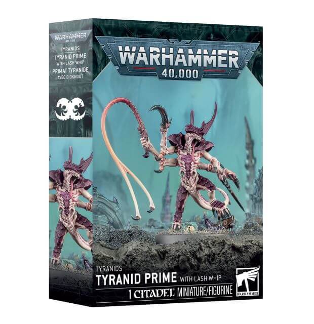 Warhammer 40,000 Tyranid Prime miniature figure packaging with detailed illustration.