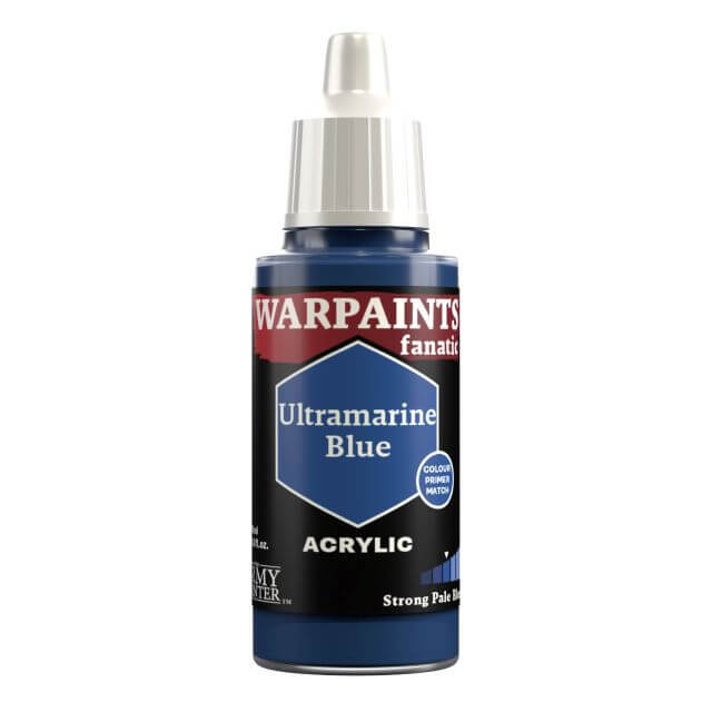 A bottle of Warpaints Fanatic Ultramarine Blue acrylic paint.