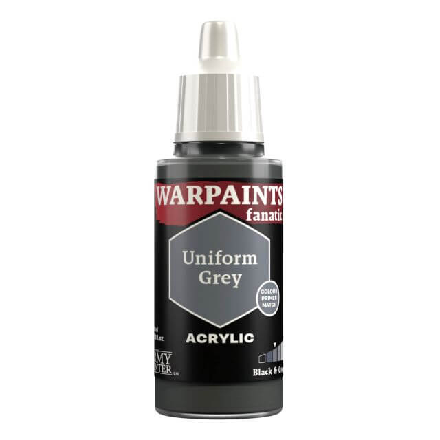 A bottle of Warpaints Fanatic Uniform Grey acrylic paint.