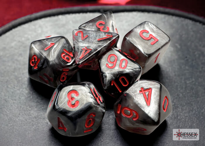 A close up of the Chessex Velvet Black with red mini set.