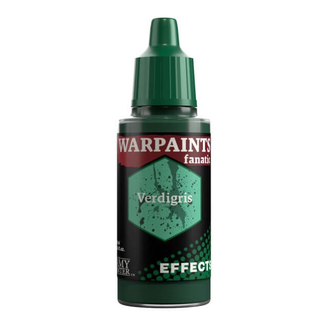A bottle of Warpaints Fanatic Effects paint in a matte verdigris color, with branding and product information on the label.