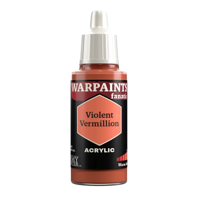 A bottle of Warpaints Fanatic Violent Vermillion acrylic paint.