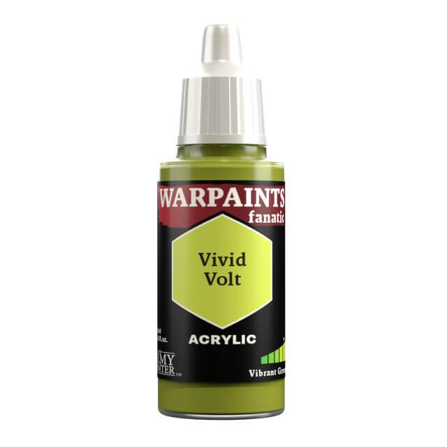 A bottle of Warpaints Fanatic Vivid Volt acrylic paint in a brilliant greenish yellow color.
