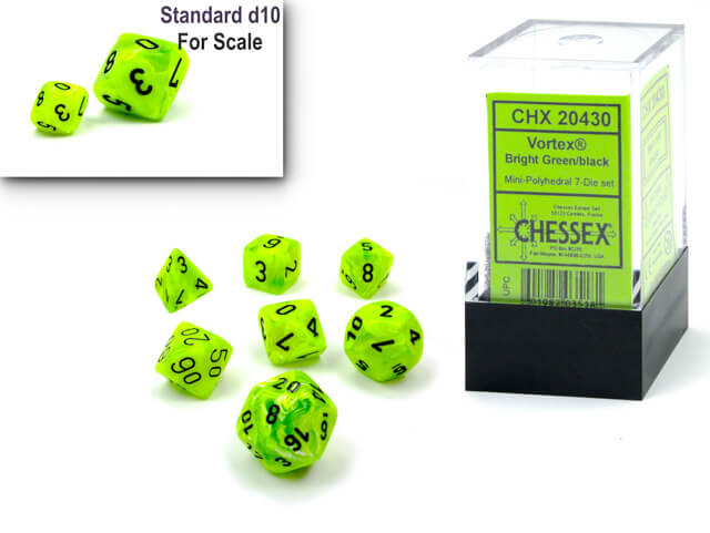 The Chessex vortex Bright Green and Black mini polyhedral set and container on display on a white background, A size comparison with a standard size d10 is in the upper right hand corner.