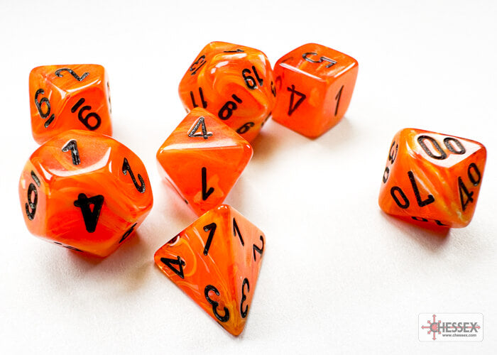 A collection of orange mini polyhedral dice with black numerals.