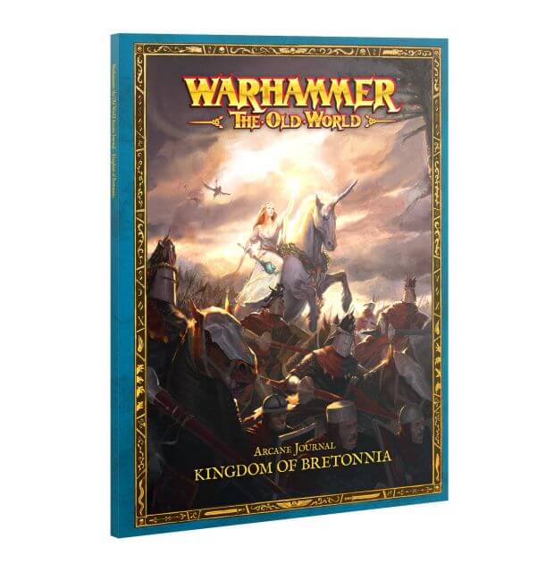 Cover of the Warhammer: The Old World Arcane Journal: Kingdom of Bretonnia supplement book, featuring an illustration of a knight on horseback leading an army.