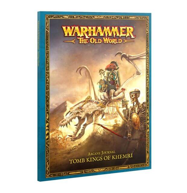 Cover of the Warhammer: The Old World supplement book titled 'Tomb Kings of Khemri'. It features an illustration of a character on a dragon, with a backdrop of a city and desert landscape.