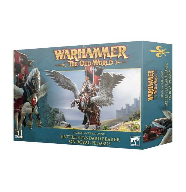Packaging for the Warhammer The Old World Kingdom of Bretonnia Battle Standard Bearer on Pegasus with model pictured. 