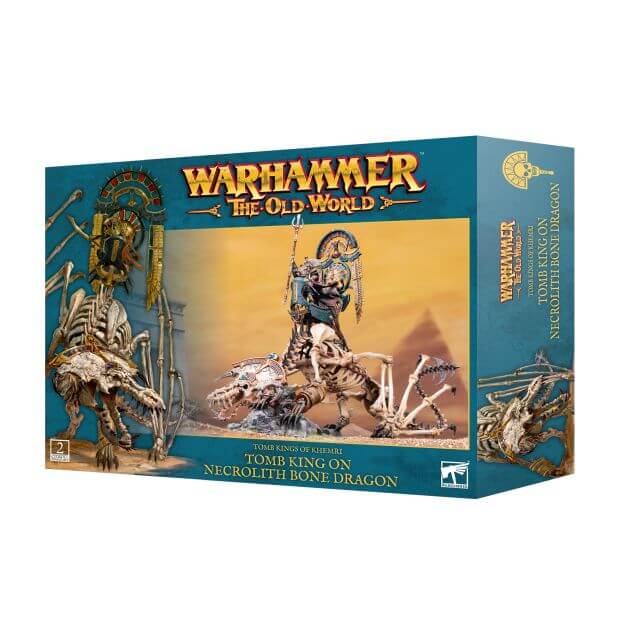 Product packaging for Warhammer The Old World Tomb King on Necrolith Bone Dragon miniature, showing the assembled and painted model on the box cover.
